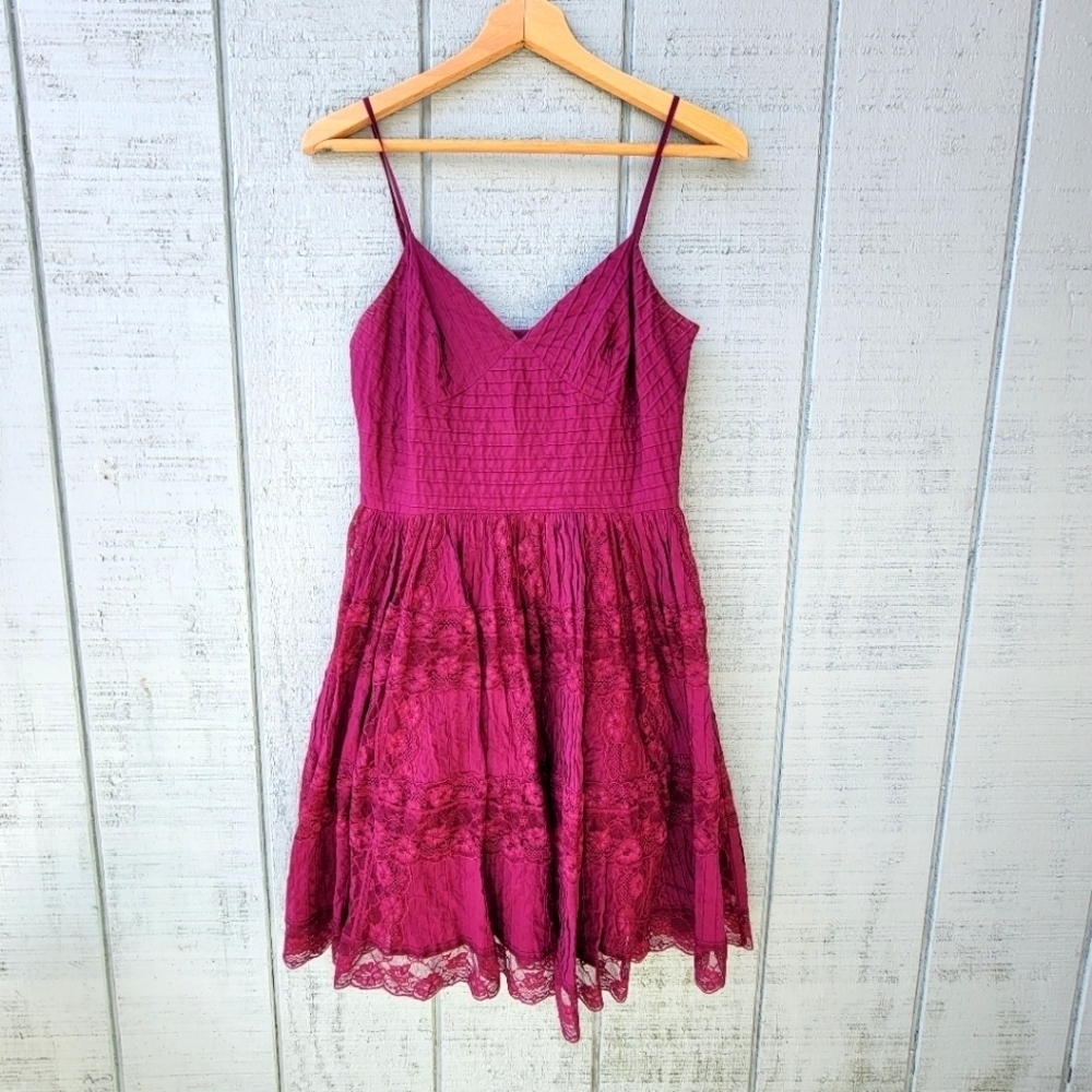 y2k Betsey Johnson Cotton Fit Flare Pintuck Cotton Lace Sundress size 6 Purple